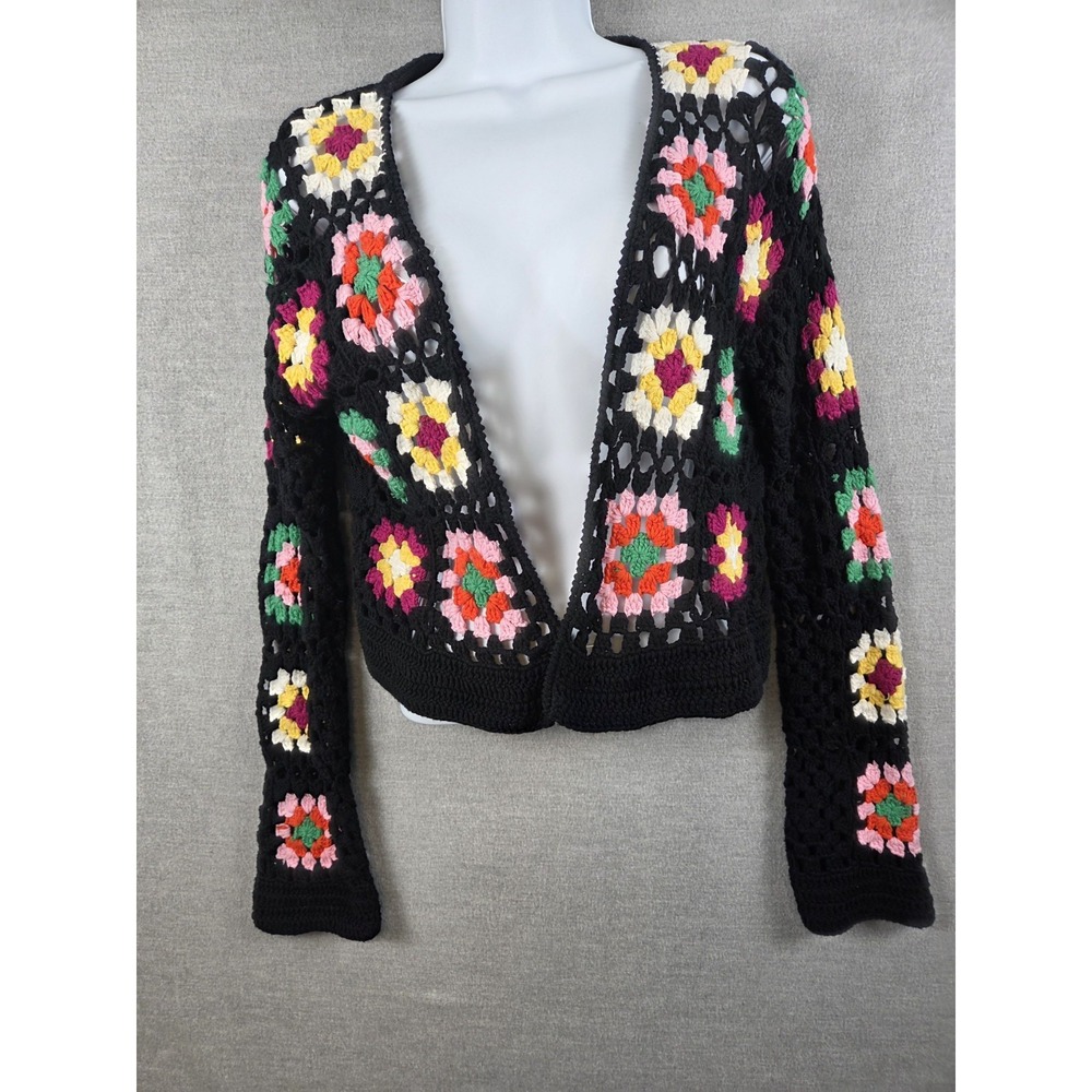 Wild Fable XS‎ Granny Square Crochet Black Crop Cardigan Sweater Retro Y2K Boho